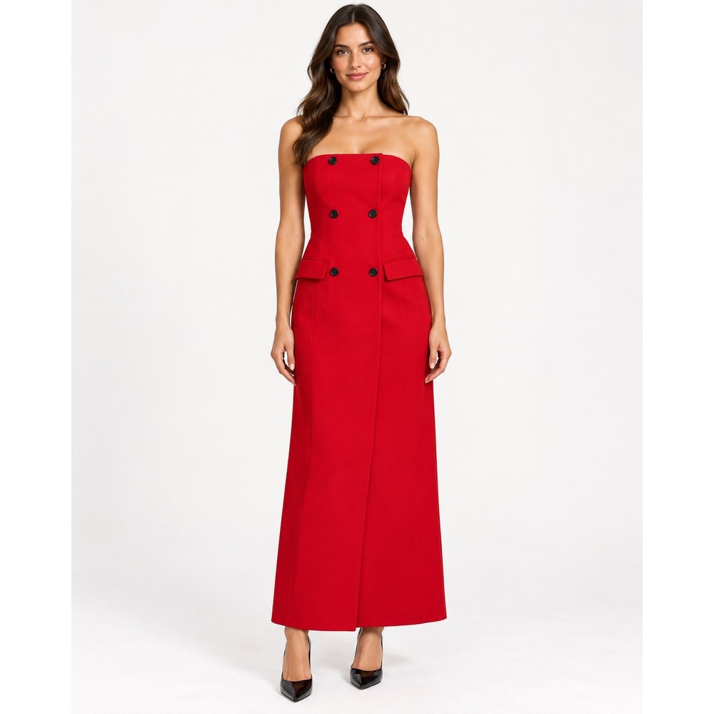 Zara Strapless Pocket Dress ZW Collection Womens XS Red Double Breasted Midi